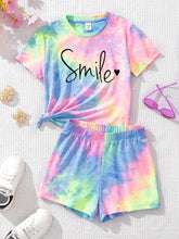 Women's Casual Smile Printed Colorful Tie-Dye T-Shirt And Shorts Set, Suitable For Summer